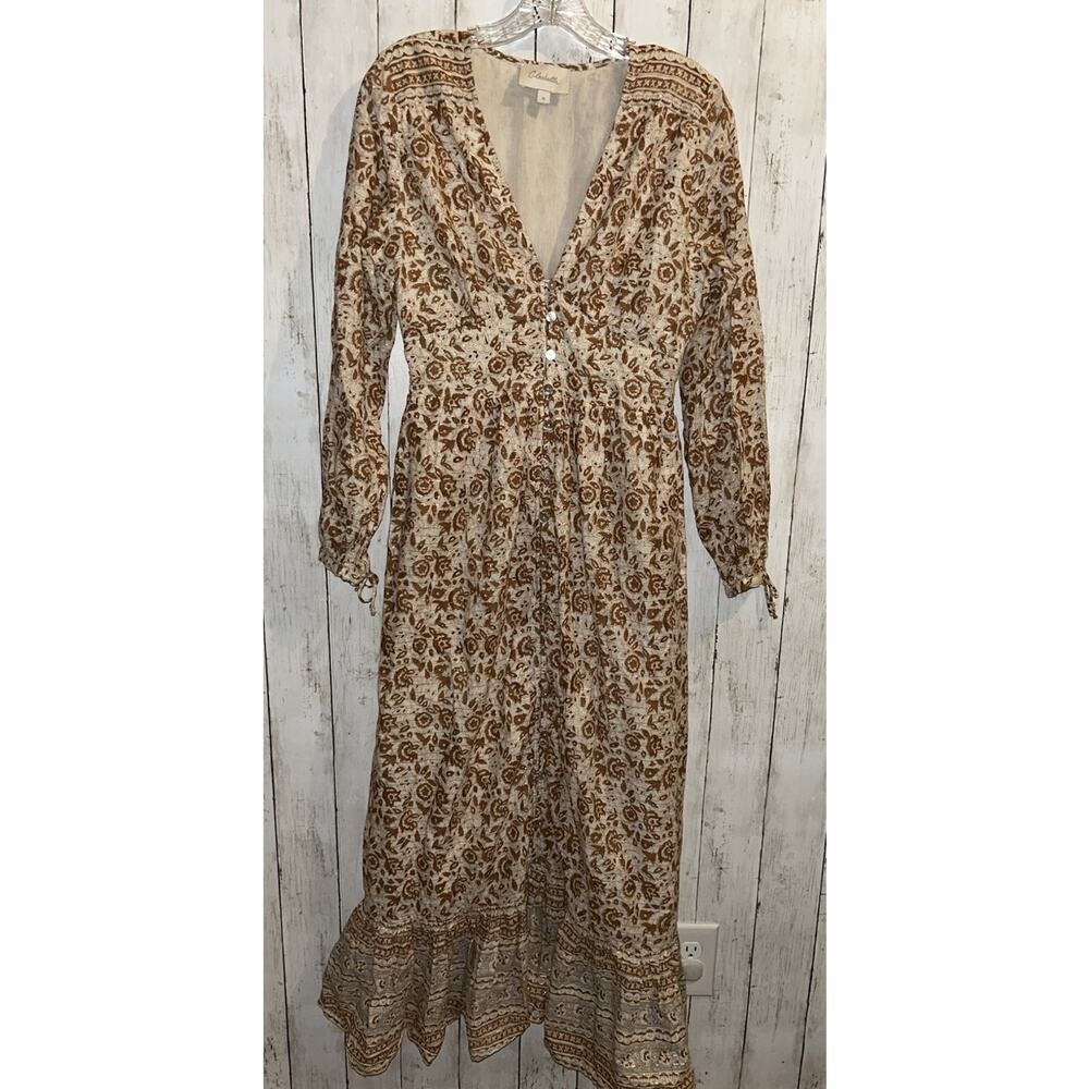 Cleobella Valentin Maxi Dress Batik Block Print White Brown Sz Medium Metallic